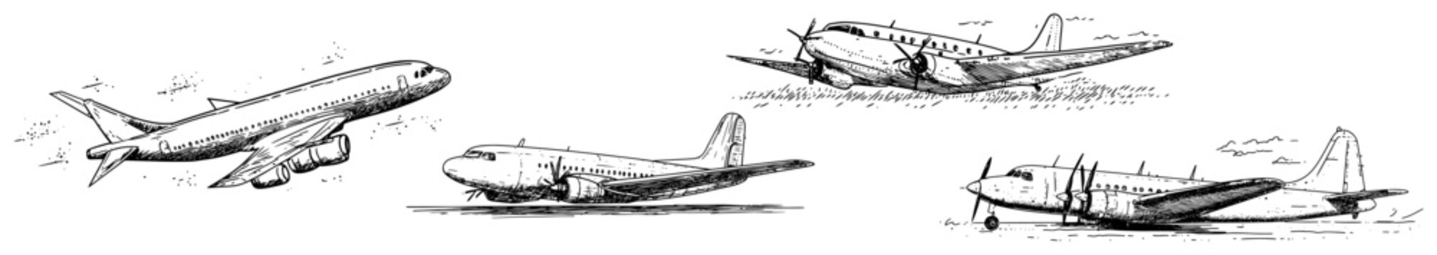 Collection of hand drawn airplane sketches including jetliners and propeller planes