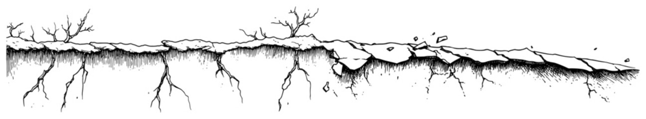 Obraz premium Detailed hand drawn sketch of a cross section showing cracked dry earth and deep roots