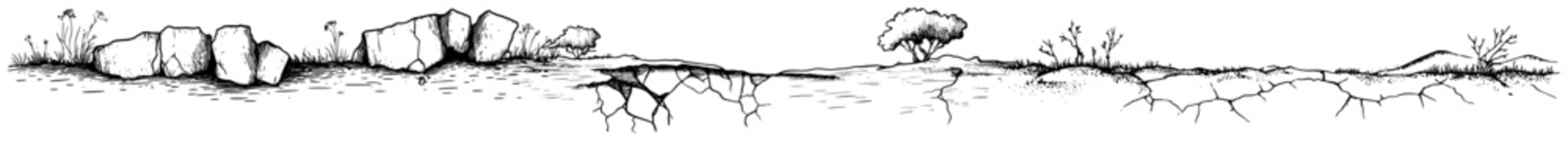 Hand drawn panoramic sketch of cracked dry earth and sparse ground vegetation © Kaz