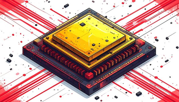 Gold CPU chip atop a black & red platform, with red lines radiating out on white