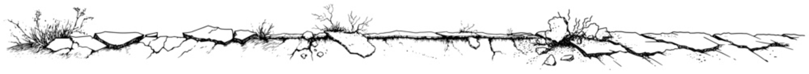 Obraz premium Horizontal border of dry cracked ground with tiny wild plants sketch