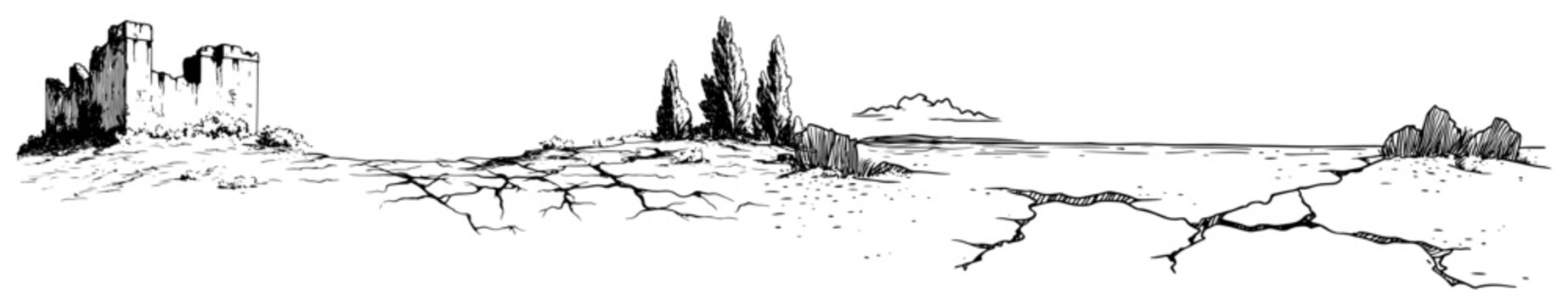 Panoramic landscape sketch of cracked desert ground with ruined castle and sparse trees
