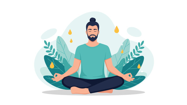 Man sitting in a peaceful meditation pose surrounded by lush green leaves and golden light drops for mental wellness.