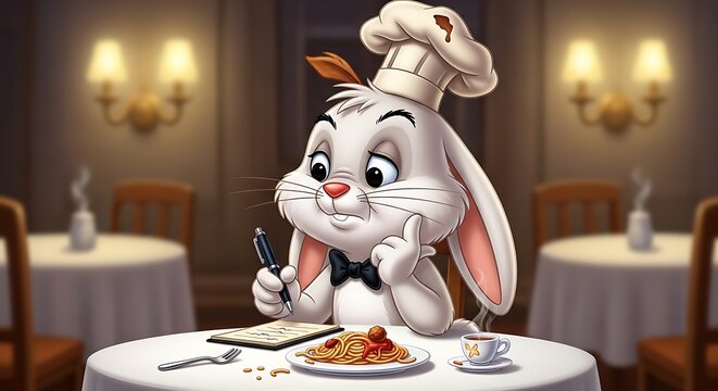 Cartoon rabbit chef eating at restaurant.
