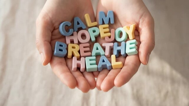 Hands Hold Colorful Letters Spelling Out Words of Calm, Hope, Joy, Breathe, Heal