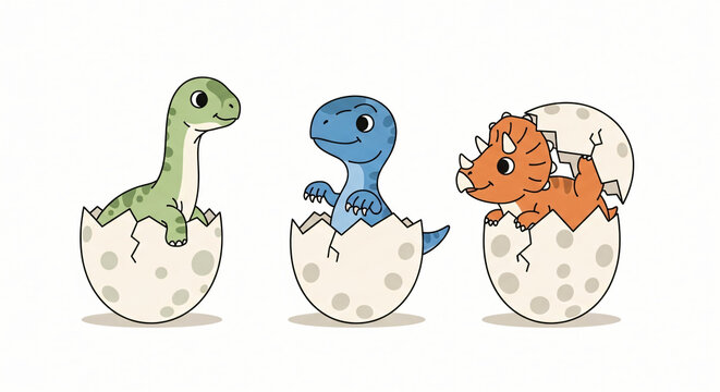 Three cartoon dinosaurs emerging from eggs in a row, depicted in a simple illustration style from a straight-on viewpoint