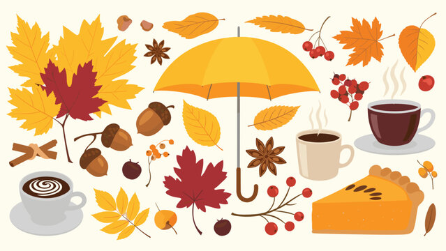 Beautiful autumn elements set featuring yellow umbrella colorful fallen leaves hot coffee pumpkin pie acorns and berries.