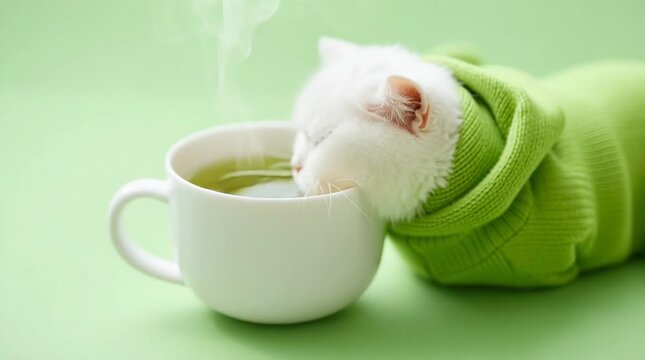 Un gato blanco acurrucado en una taza de t&eacute; verde humeante.