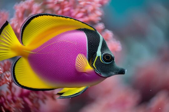 Un vibrante pez &aacute;ngel violeta se posa entre corales rosados, creando una escena submarina de ensue&ntilde;o.