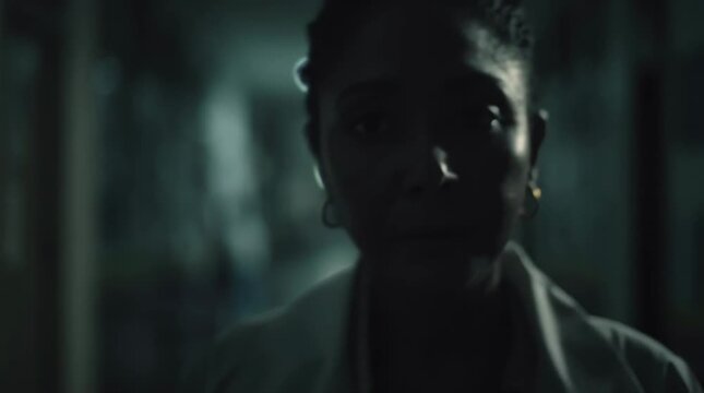 Retrato de una mujer con bata de laboratorio, iluminada por una luz verde y misteriosa.