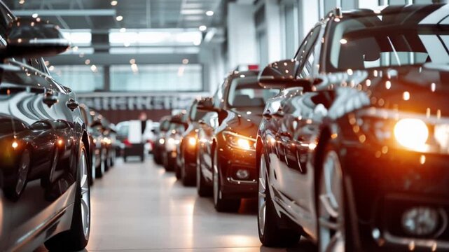 Modern Cars Lined Up in Dealership Showroom Bright Lights