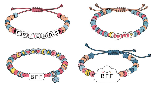 Set of four different handmade beaded friendship bracelets with letters spelling Friends and BFF along with heart and cloud charms.