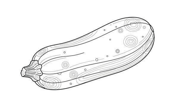 Detailed line drawing of a fresh zucchini with circular patterns for children to color in this educational food illustration.