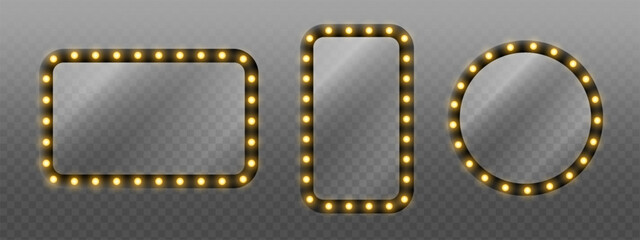 Set of glowing frames with light bulbs for cinema, theater, and entertainment signage design