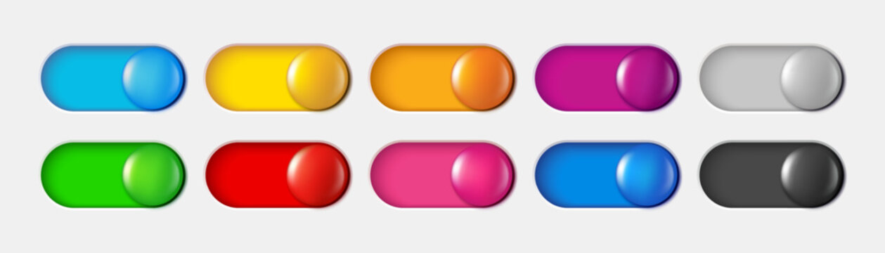 3D glossy toggle switch buttons set for settings, UI interface, app and web dashboard. Interactive interface elements
