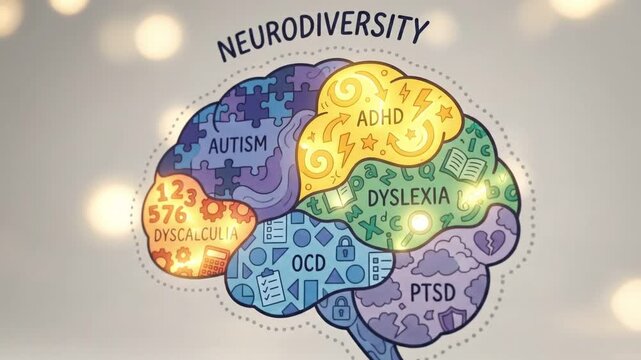 Vibrant Illustrated Brain Map Representing Neurodiversity and Mental Conditions