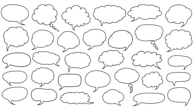 Wide variety of hand-drawn blank speech and thought bubbles are presented in a comprehensive set for comics and design.