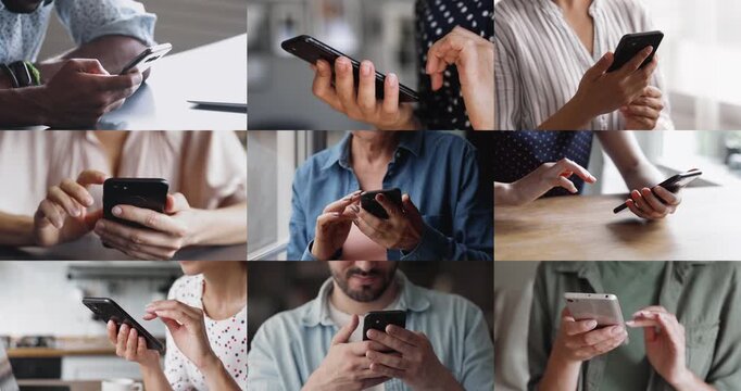 Different aged people typing on smartphones, using modern AI technologies, neural network, ordering and buying online, typing on mobile phones. Multiple collage of cropped close up shots