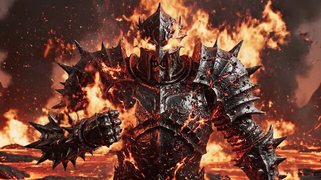 Spiked dark armor figure wreathed in intense flames