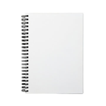 A spiral-bound blank notebook with a white cover and black spiral binding