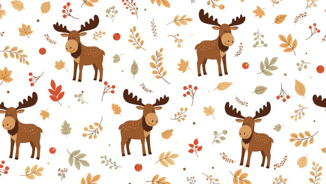 Whimsical seamless pattern of cute moose and colorful autumn leaves with red berries on a clean white background.