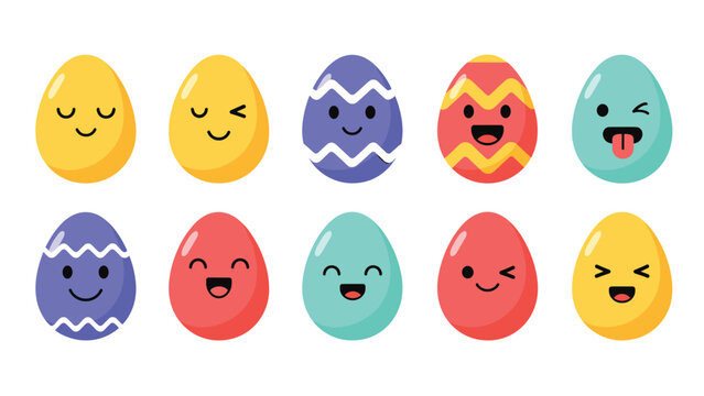Set of colorful Easter eggs with various cute facial expressions and patterns arranged in two rows on a white background.