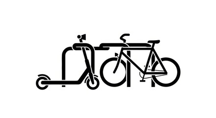 Urban mobility solution represented by electric scooter and bicycle parked at a bike rack for convenient transportation © ARIF