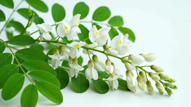 Fresh white acacia flowers with green leaves on white background