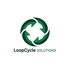 Fototapeta premium LoopCycle Solutions logo with four rotating green arrows forming a circular arrow design on a white background, symbolizing sustainability and circular economy.