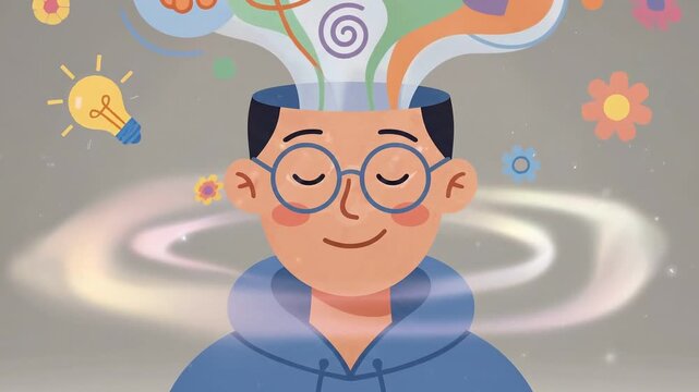 Cartoon Young Person with Creative Ideas Emanating from Head - Animation