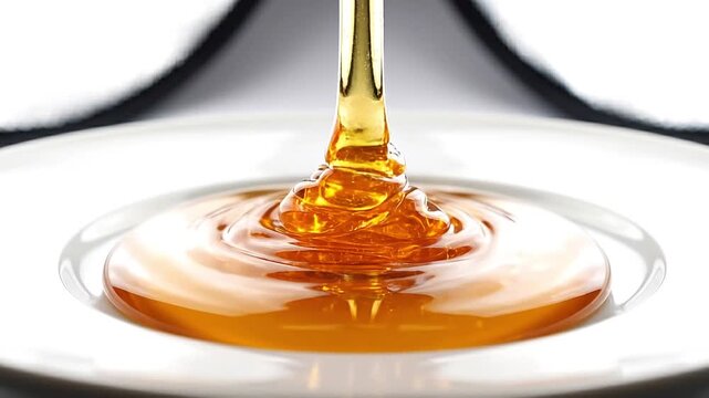 Golden Honey Dripping from Spoon into White Plate Creating Ripples | Pure Natural Honey Closeup and Sweet Food Macro
