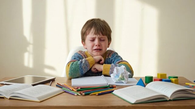 Upset Young Boy Cries at Desk While Doing Homework, Crumples Paper in Frustration