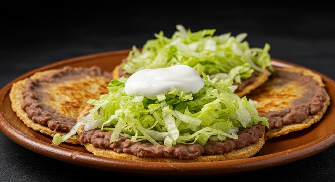 Traditional mexican sopes with refried beans, shredded lettuce, and cream on a plate. Authentic latin american cuisine for restaurant or menu.
