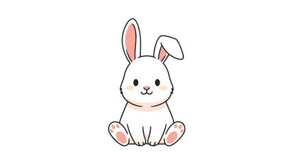 Obraz premium Cute white rabbit sitting and looking forward with pink ears and paws on a simple white background for Easter or pet themes.