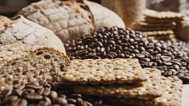 Roasted coffee beans, rustic bread loaves, and crackers on wood
