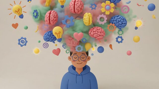 Cartoon Brainstorm: Dynamic Ideas Burst from Head in Vibrant Creative 3D Animation