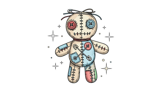 Detailed sketch of a voodoo doll with button eyes, fabric patches, and safety pins for spooky Halloween and magic themes.