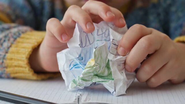 Child's Hands Express Frustration by Crumpling and Flattening a Drawing on a Wooden Table
