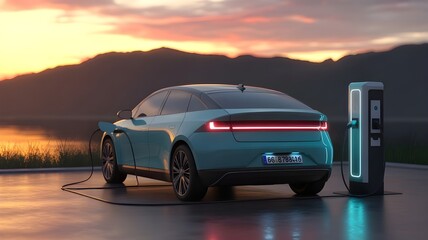 Electric Vehicle Charging at Sunset with Mountain Backdrop