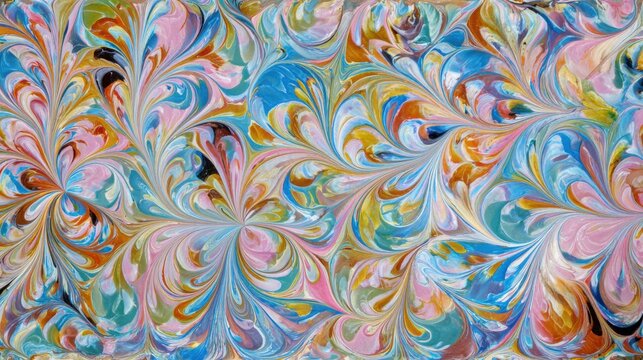 Marble paper texture (Ebru style), floating oil paint swirls on water transferred to paper