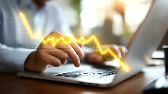 Close up of faceless hand using laptop with downward cost reduction graph overlay visualization concept of expense control strategy financial efficiency improvement cost saving