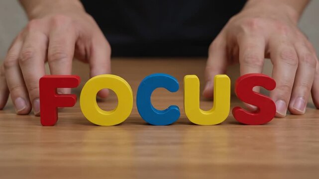 Hands Push Wooden Letter Blocks Spelling FOCUS Towards Viewer