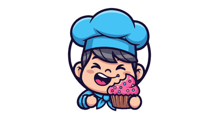 Obraz premium Cartoon Chef Eating Cupcake with Delight.