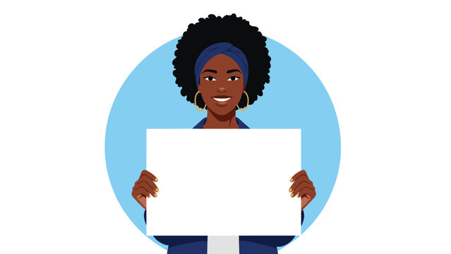 Beautiful black woman with afro hair and headband holding a blank white sign for protest or announcement.