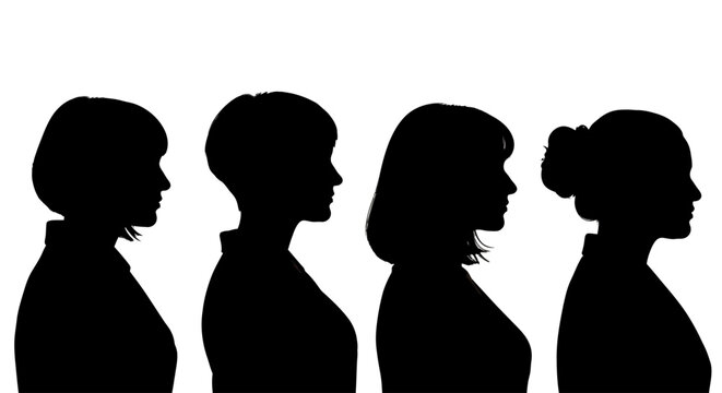 Silhouettes of four individuals facing right in a row against a plain background