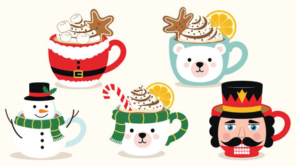 Fototapeta premium Set of festive christmas mugs filled with hot chocolate whipped cream and cookies shaped like santa reindeer and snowman.