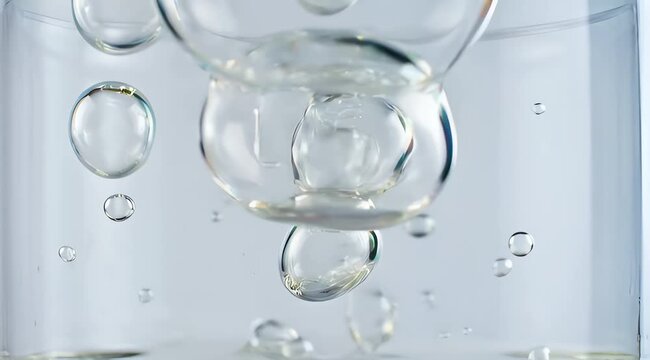 Captivating close-up of dynamic air bubbles suspended in clear liquid, showcasing fluid physics and the serene beauty of water's natural effervescence and buoyancy