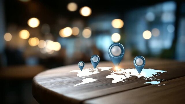 Franchise location strategy concept with global map and store icons visualization showing international business expansion planning franchise network development investment