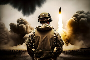 Obraz premium Soldier in front of a ballistic missile launch. Neural network AI generated art