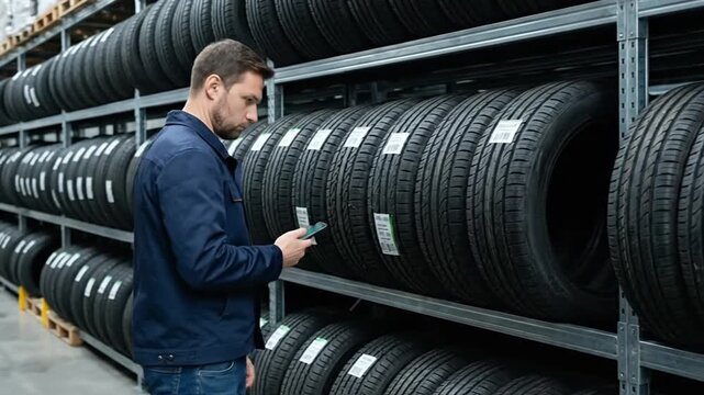 Man inspecting car tires on shelves in an auto shop or warehouse using a smartphone